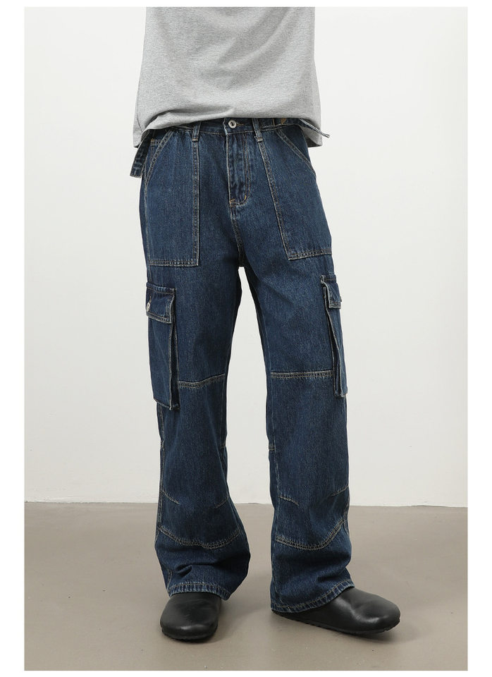 Quần jeans nam ống rộng thẳng phong cách đường phố, nhiều túi, lưng giữa eo — màu xanh đậm chi tiết 11