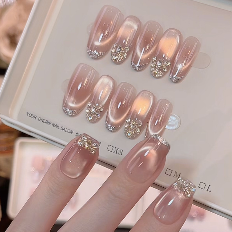 Xiaohongshu's Popular French-Style Wearable Nails with Sparkling Diamonds, Nude Pink Gradient, Cat-Eye Nail Art, Light Luxury and High-End Fake Nails Xiaohongshu's Popular French-Style Wearable Nails with Sparkling Diamonds, Nude Pink Gradient, Cat-Eye Nail Art, Light Luxury and High-End Fake Nails