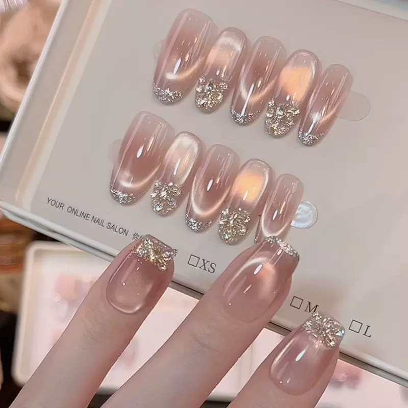 手工穿戴甲高级感纯欲风裸粉渐变猫眼气质美甲延长甲光疗显白甲片