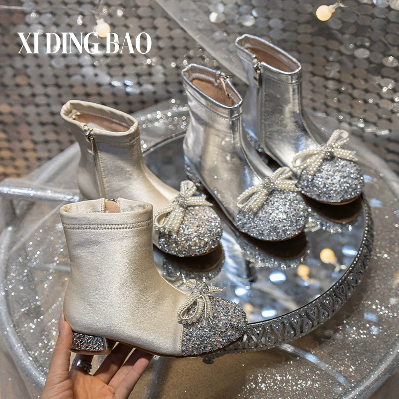 Сапоги для девочек сапоги на каблуках детские весенние и осенние сапоги 2024 новые детские зимние бархатные кожаные сапоги принцессы хрустальные сапоги