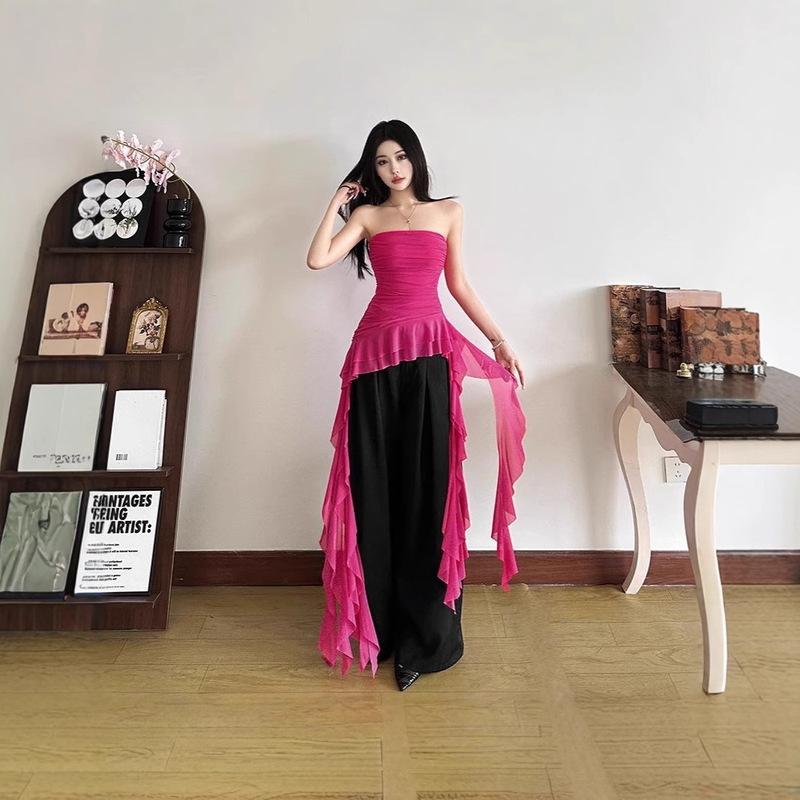 Pure Desire Hot Girl Style Solid Color Ruffle Splicing Tube Top Summer Women's Pleated Slimming Irregular Top