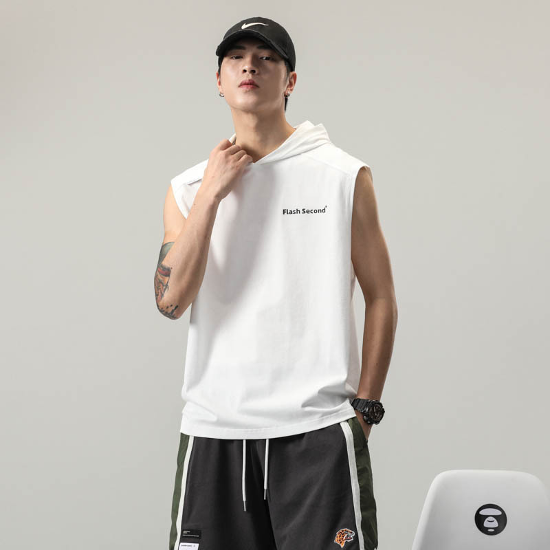 Summer Pure Cotton Hooded Sleeveless T-Shirt Vest Men's American Loose Ins Waistcoat Half-Sleeved Sports Fitness White T-Shirt Summer Pure Cotton Hooded Sleeveless T-Shirt Vest Men's American Loose Ins Waistcoat Half-Sleeved Sports Fitness White T-Shirt