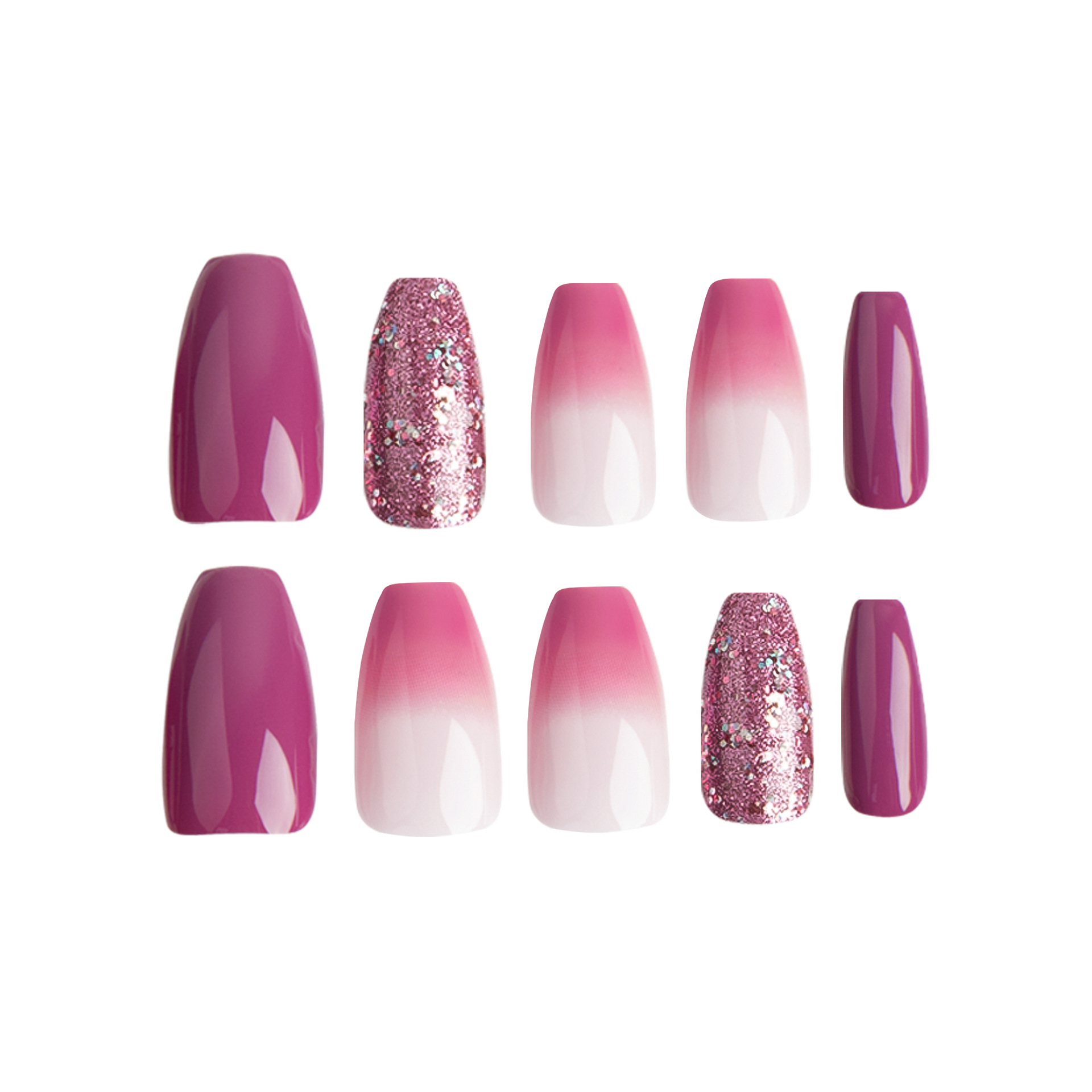 Desgaste de uñas púrpura pieza de uñas al por mayor Rosa degradado púrpura brillo corto pieza de uñas pieza de belleza de uñas acabado de uñas