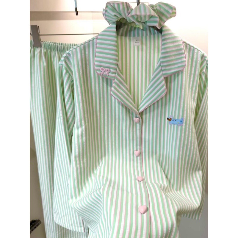 Cute Puppy Print Contrast Striped Shirt Casual Pajamas for Women Spring and Autumn New Long-Sleeved Long Pants Home Wear Set