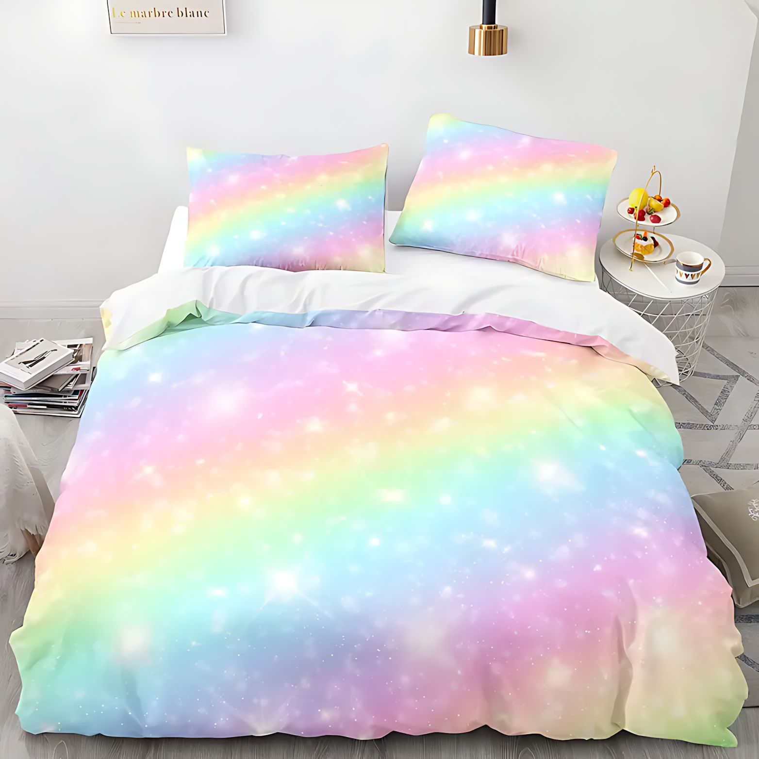 TEMU / JIT transfronterizo multicolor arco iris gradiente impresión digital 3D esponjosa colcha de cama set