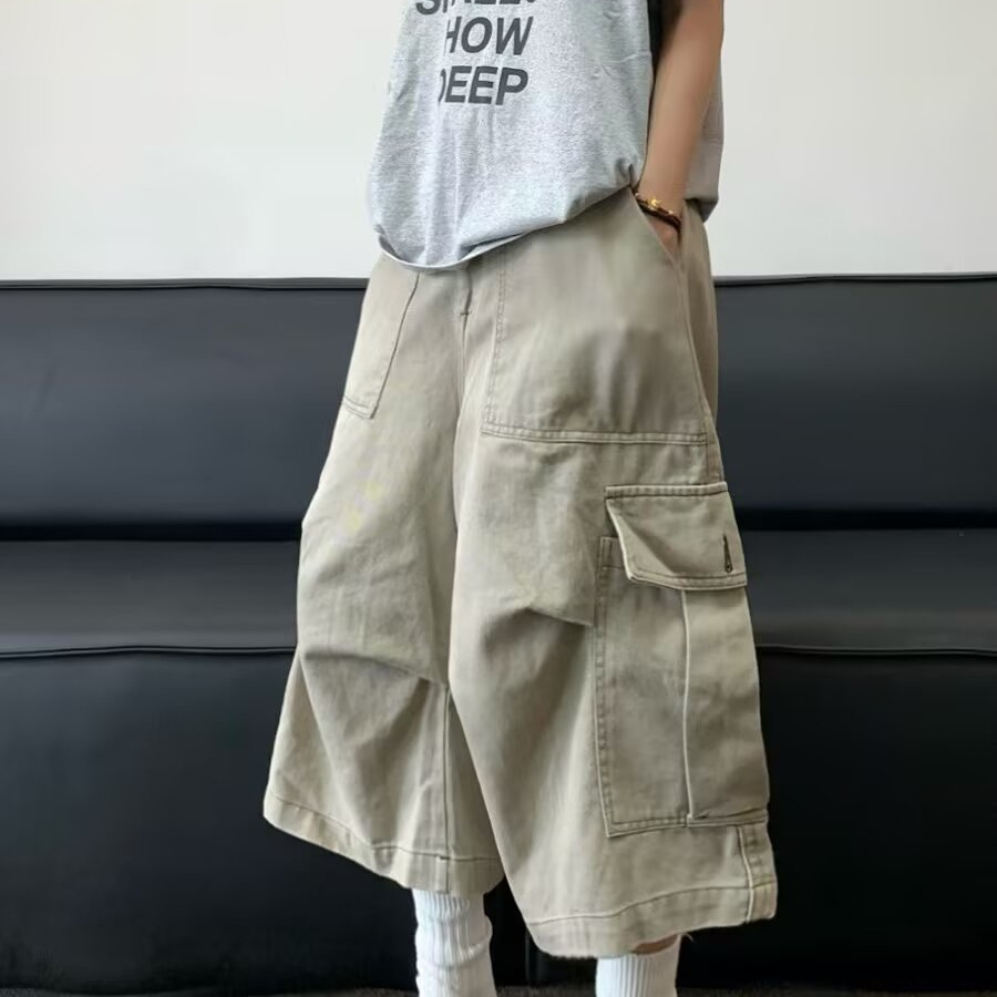 Summer American-Style Wide-Leg Straight Cropped Pants for Men, Trendy Brand Design, Niche Loose Fit, Plus-Size Casual Cargo Pants