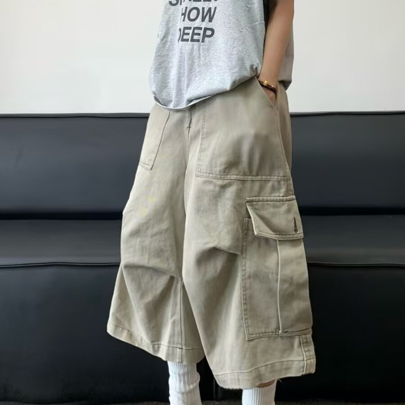 Summer American-Style Wide-Leg Straight Cropped Pants for Men, Trendy Brand Design, Niche Loose Fit, Plus-Size Casual Cargo Pants