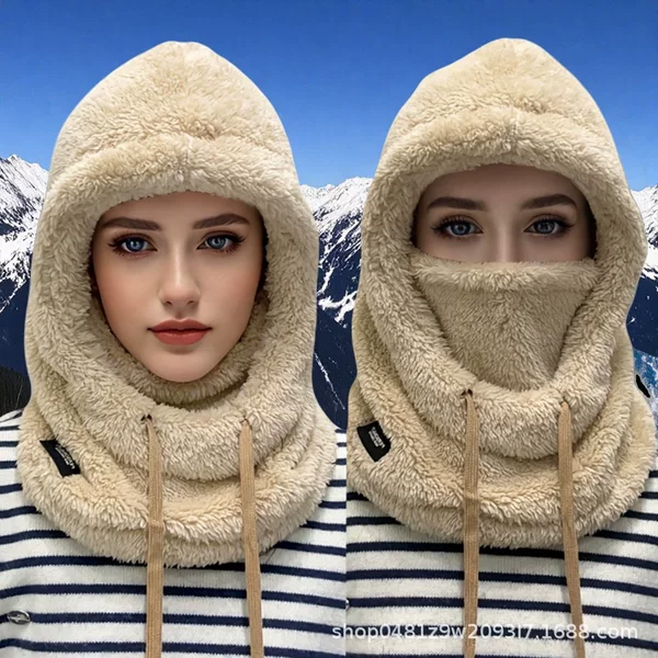 Women's Winter Neck Scarf, Mask, Integrated Hat, Ski Pullover Hat, Fleece-Lined, Thickeneded Ear Protection, Windproof Cotton Hat, Cycling Warmth