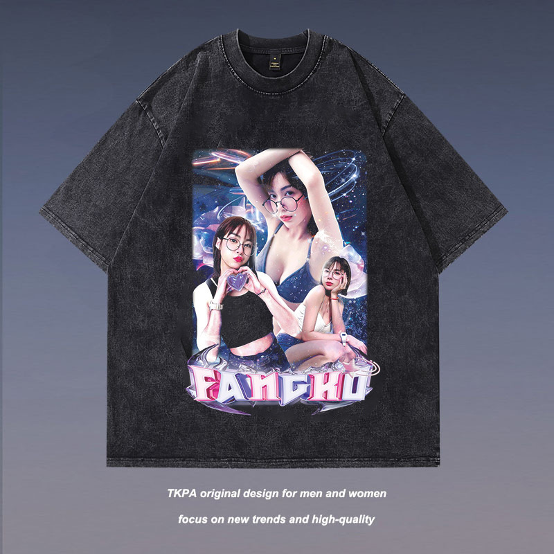 Hip-Hop Rap tupac Fashion Brand European and American Sexy Women's Group Printed Short-Sleeved Heavy-duty Vintage Direct Injection Printed T-Shirt for Men