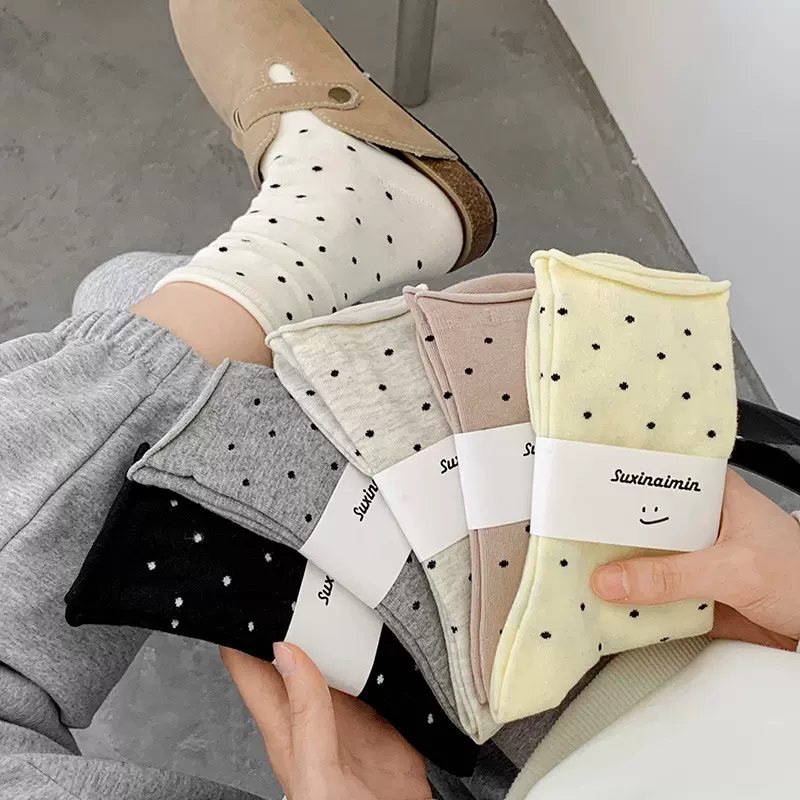卷边堆堆袜子女夏季薄款纯棉中筒袜无骨月子袜春秋配波点小皮鞋