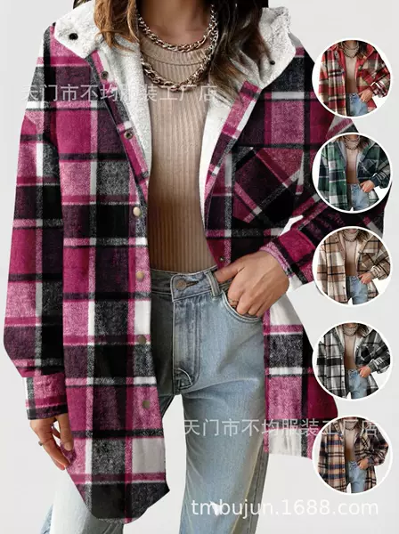 European and American Foreign Trade Cross-Border Women's Clothing, Amazon's Best-Selling Autumn and Winter Flannel Plaid Fleece-Lined Woolen Warm Coat