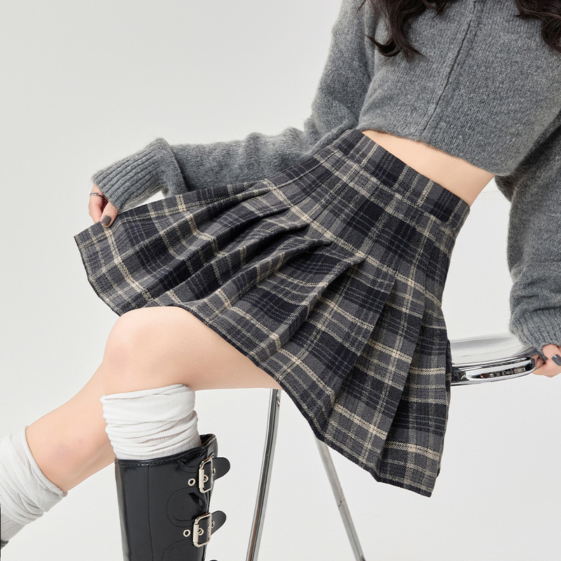 呢子格子半身裙女2025秋冬季复古高腰显瘦百褶裙学院风A字短裙潮|undefined
