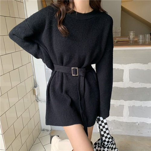 Japanese-style lazy wind-long women's sweater 2025 autumn/winter new round neck loose belt knitted sweater women's coat