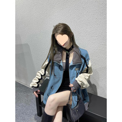 韩版宽松撞色拼接蓝色棒球服外套女爆款立领2025新款春秋夹克上衣
