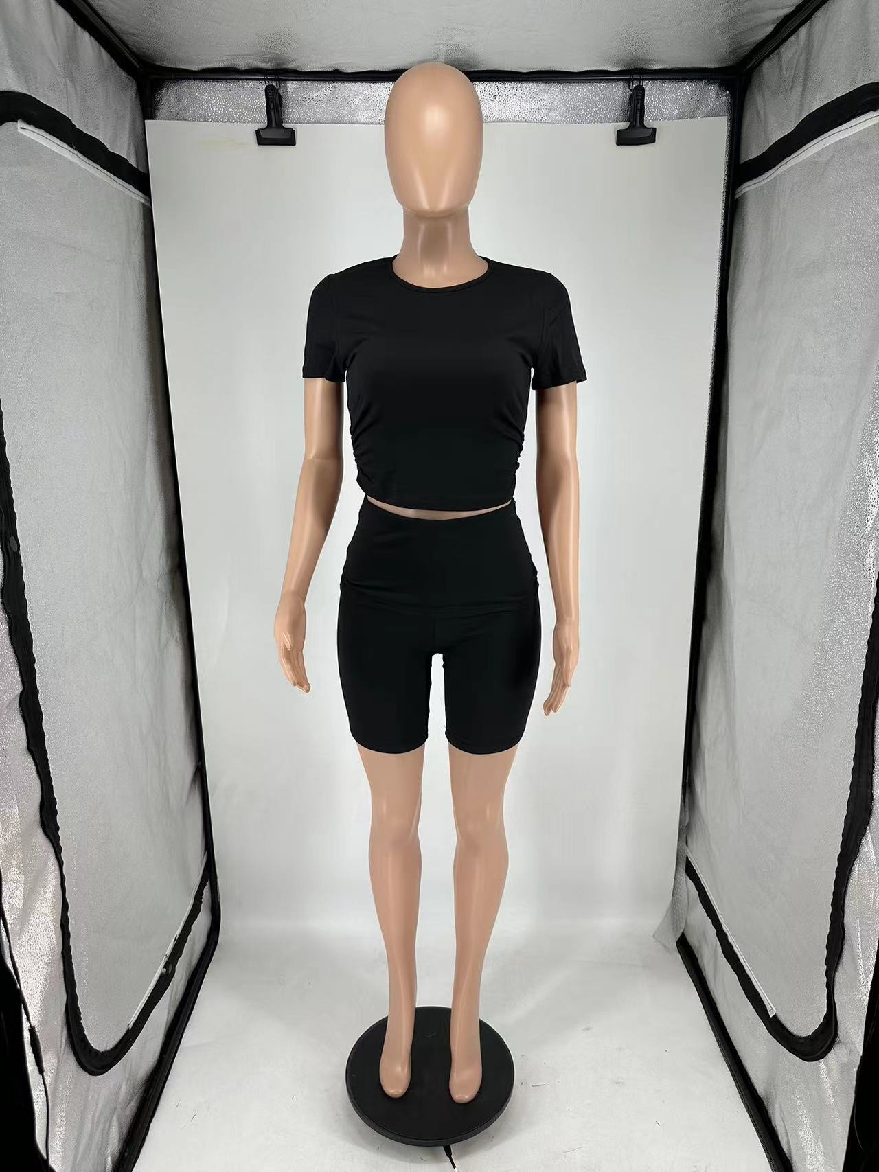 Women's Casual Short Sleeve Top + Roll-Up Shorts Set – Trendy Two-Piece Outfit (Black/Light Gray/Blue/Pink, S-Xl)_ecoleips.com
