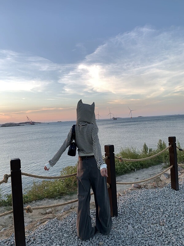 小恶魔条纹外套女春秋新款韩系短款连帽拉链卫衣开衫|undefined