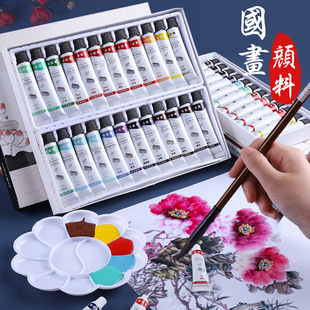 Chinese Painting Pigments 12 Colors Brush Set for Elementary School Students and Children, Fine Brushwork Painting 24 Colors Beginner Set Portable Box