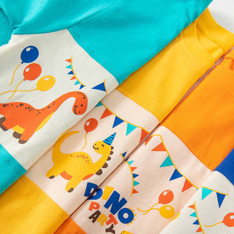 Be top ropa para niños transfronterizos camiseta de verano para niños fiesta de dinosaurios camiseta de bebé a juego de color manga corta cuello redondo top de punto