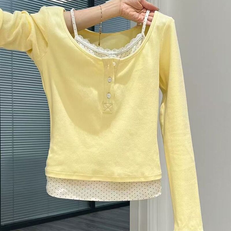 Pure Cotton Yellow Faux Two-Piece U-Neck Design Color-Blocked Long-Sleeve T-Shirt for Women, New Spring and Autumn Slim-Fit Floral Inner Top