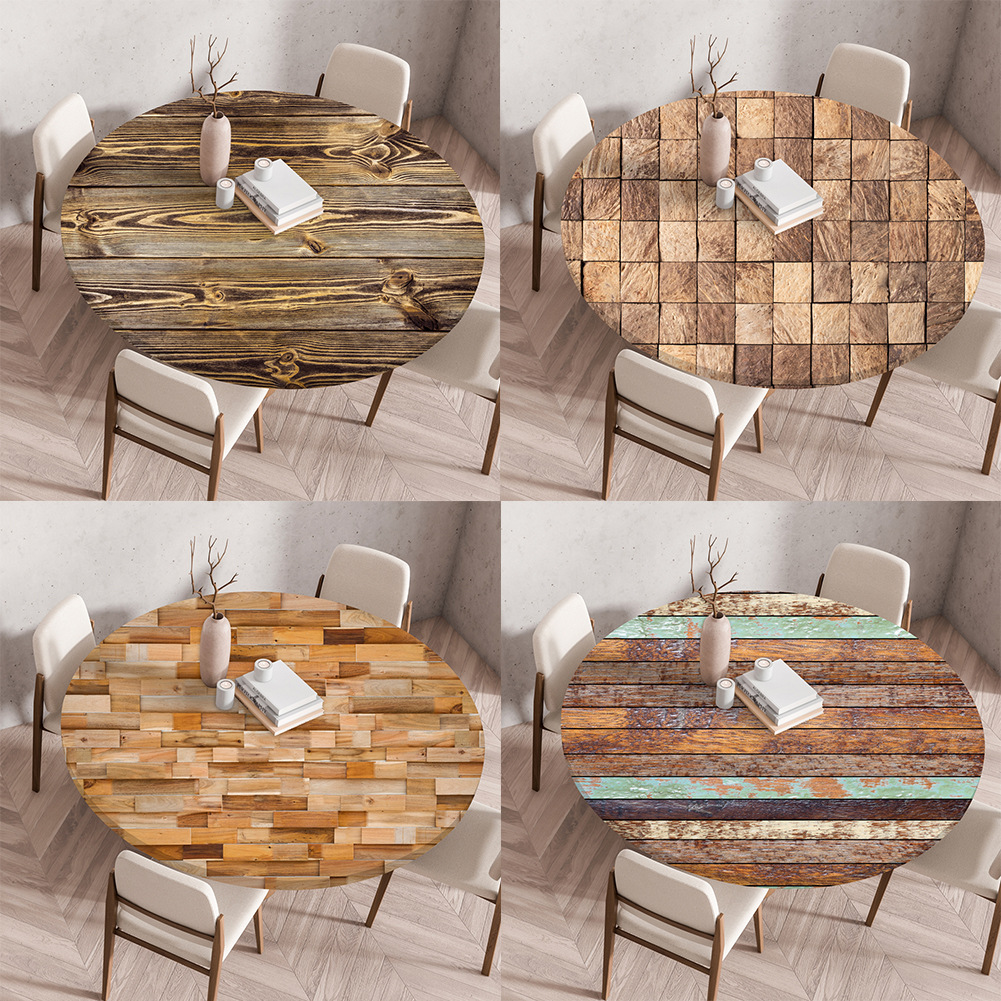 Cross-border elastic band tablecloth wooden texture tablecloth printed round tablecloth waterproof table elastic tablecloth