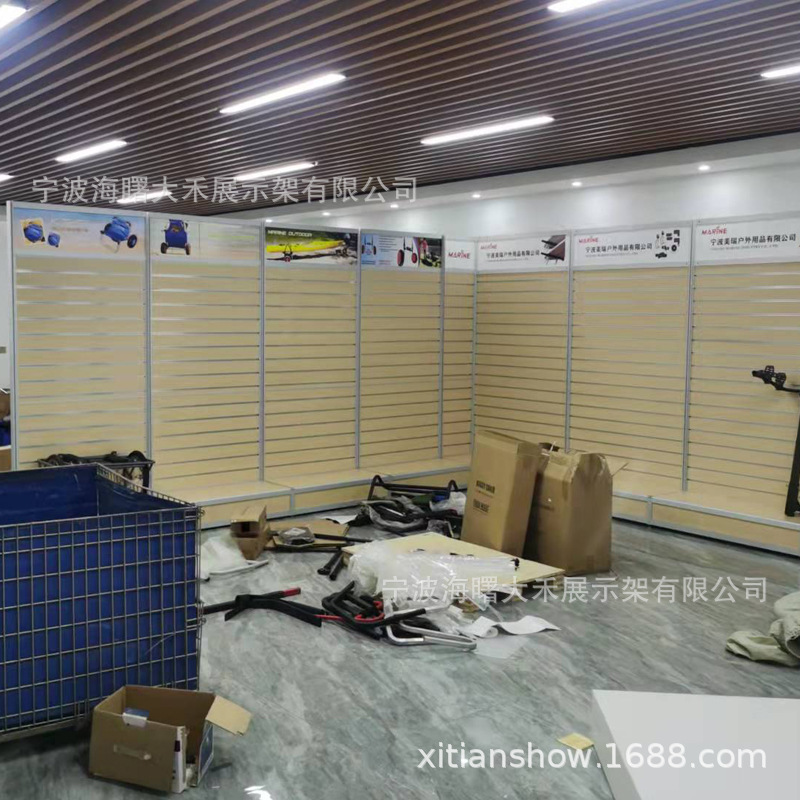 宁波余姚慈溪奉化镇海工厂样品间双面槽板展示架五金货架陈列柜
