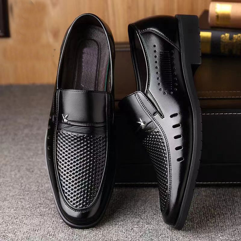 Sandalias huecas de verano, zapatos de cuero para hombres, zapatos de cuero casuales comerciales, zapatos de cuero suaves antideslizantes, zapatos de padres de mediana edad