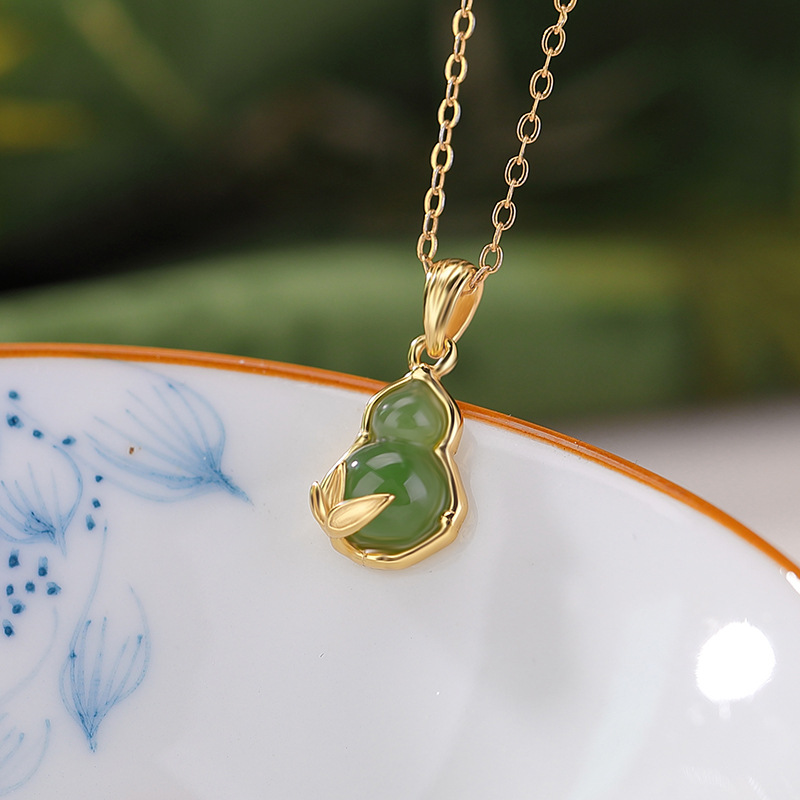Mặt dây chuyền bạc S925 mạ vàng đá Jasper hình lá tre nhỏ tinh tế — Mặt dây chuyền đơn (không bao gồm dây chuyền)