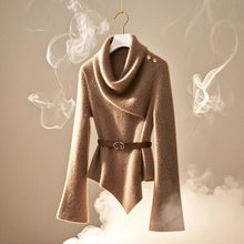 荡领收腰不规则套头毛衣女2024冬季感气质修身显瘦针织衫上衣