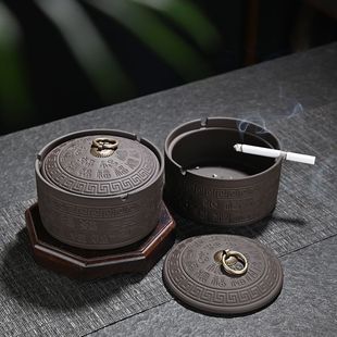 Purple Sand Ashtray Retro with Lid Baifoo High-End Creative Hotel Home Living Room Coffee Table New Anti-Fly Ash and Anti-Smoke Smell
