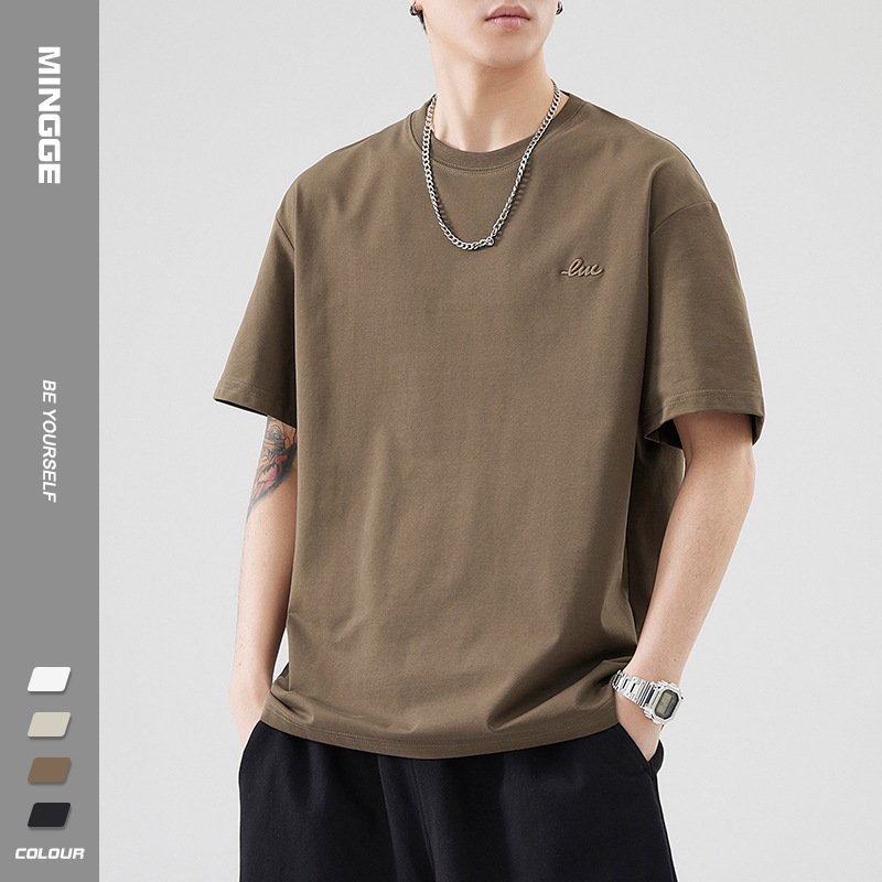 Mingge | 260g Heavy Ice Silk Embroidered Short Sleeve T-shirt Men's 2024 Summer Loose Casual Joker Top Men Mingge | 260g Heavy Ice Silk Embroidered Short Sleeve T-shirt Men's 2024 Summer Loose Casual Joker Top Men
