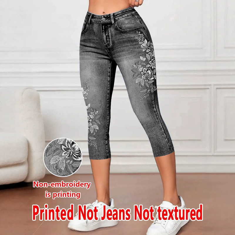 Women's Fashionable Leggings, Faux Denim Printed Pants, Digital Print, Women's Cropped Pants for Everyday Wear