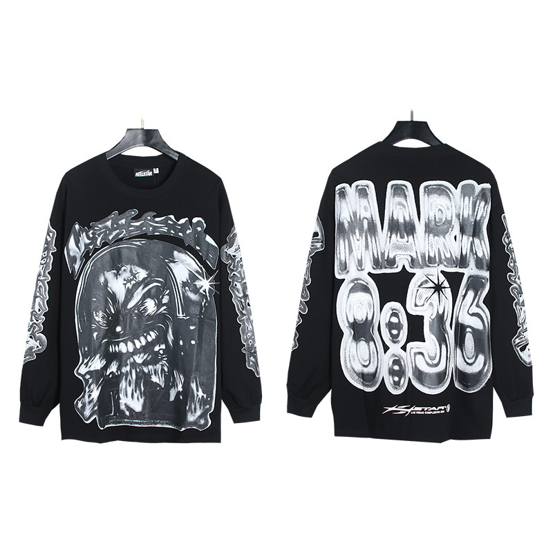 Hellstar アメリカのトレンディなハイストリートレトロウォッシュ加工プリントストリートロックスウェットシャツ長袖 Tシャツ男性と女性のトップス|undefined