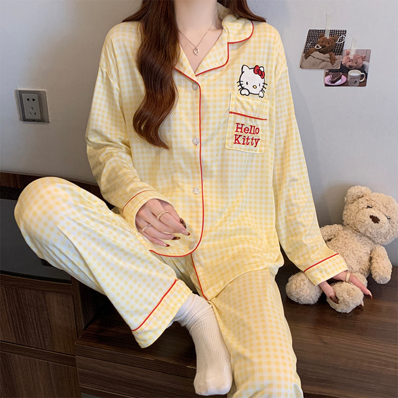 和風のシンプルな格子柄、インスタ映えするおしゃれなレディースパジャマ、春秋用長袖長ズボンツーピースセット、卸売|undefined