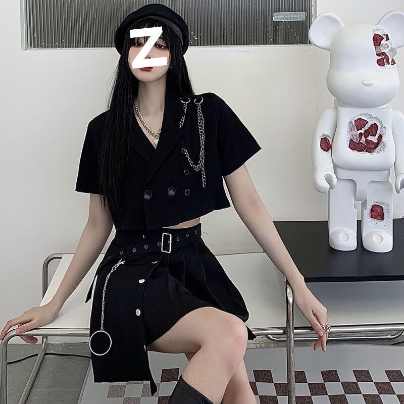 套装女新款jk制服ins暗黑炸街工装短小西装上衣外套+百褶裙两件套|undefined