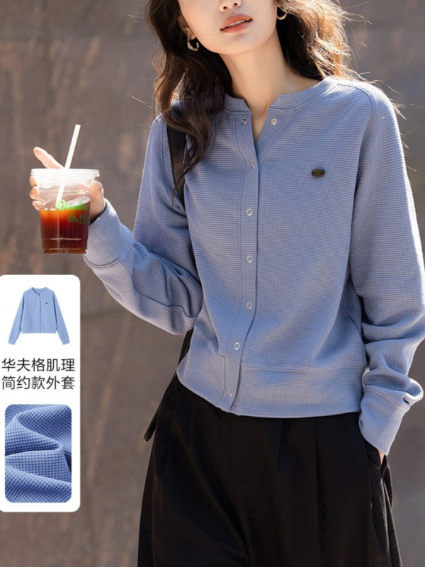 顺其自然系列2025春秋季韩风华夫格肌理四合扣小个子藏肉女式外套|undefined