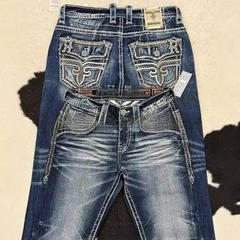 跨境2000s Rock Revival Men's Denim Jeans Slim Straight Blue'