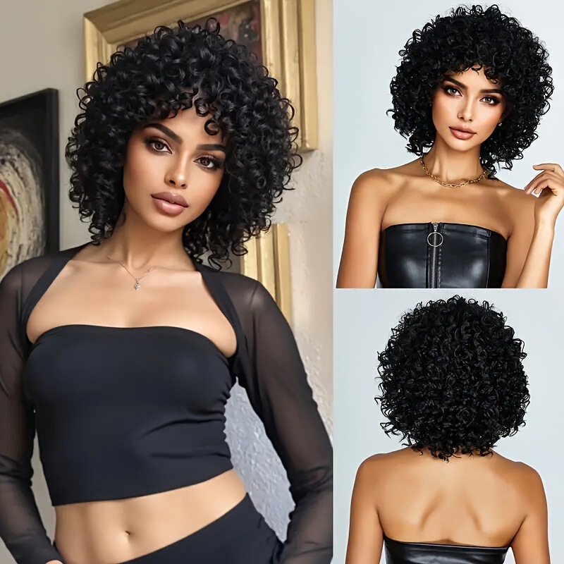Women's Short Curly African Wig with Bangs, Synthetic Cosplay Natural Glue-Free Heat-Resistant Wig 14inch