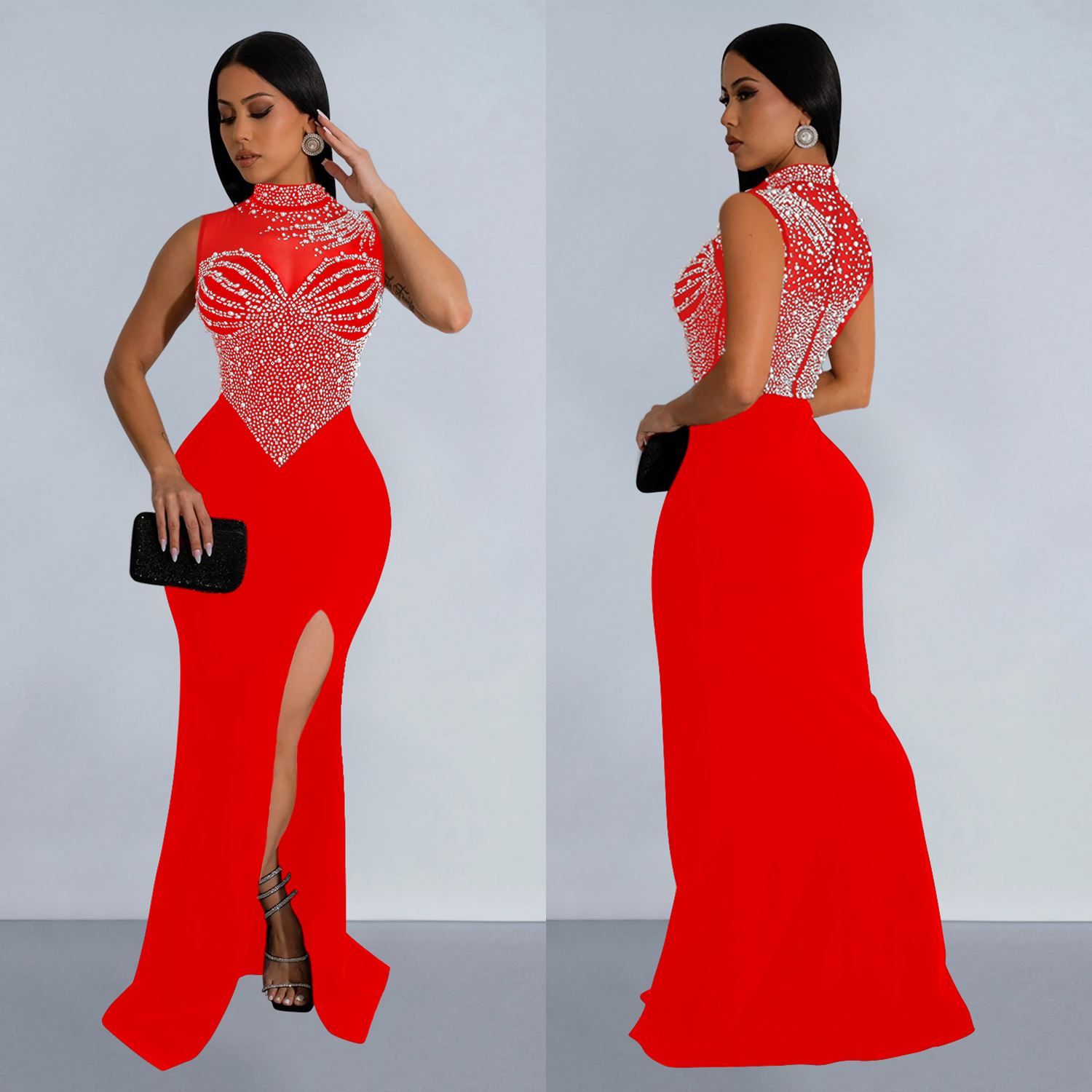 C6913 Aliexpress transfronterizo amazon ropa de moda europea y americana de color sólido malla de diamante vestido sin mangas image 4