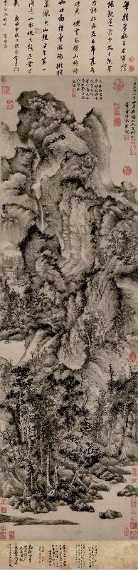 "Hermitage in Qingbian" Wang Meng, Yuan Dynasty, ancient painter, celebrity calligraphy and painting, 42*173cm, free shipping