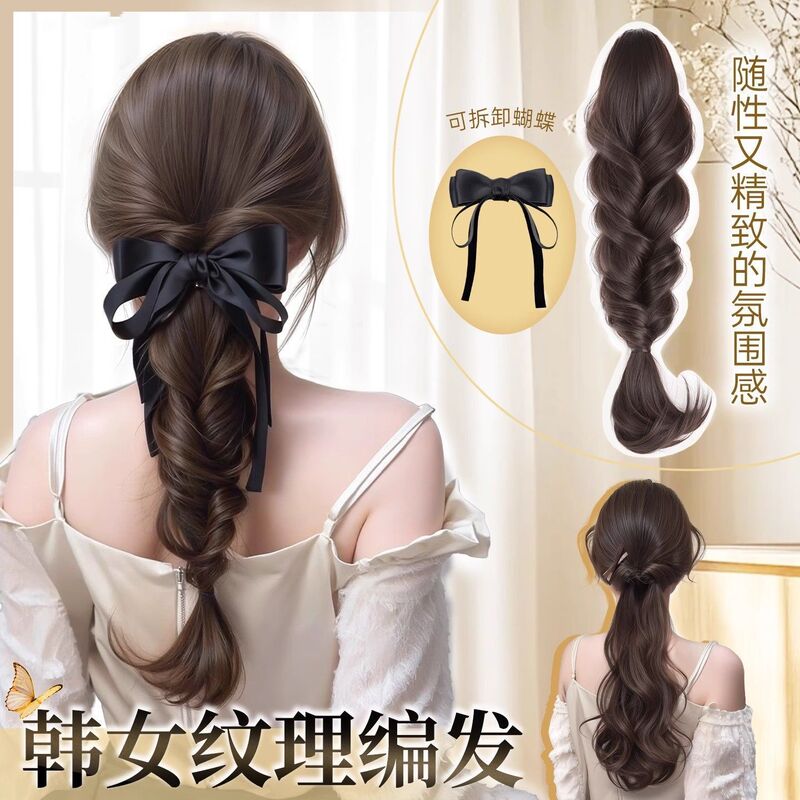 Fake Hair Extensions with Bow Clips, Braided Hair Accessories, Low Ponytail Hairpieces for the Back of the Head, Realistic Hair Accessories Fake Hair Extensions with Bow Clips, Braided Hair Accessories, Low Ponytail Hairpieces for the Back of the Head, Realistic Hair Accessories