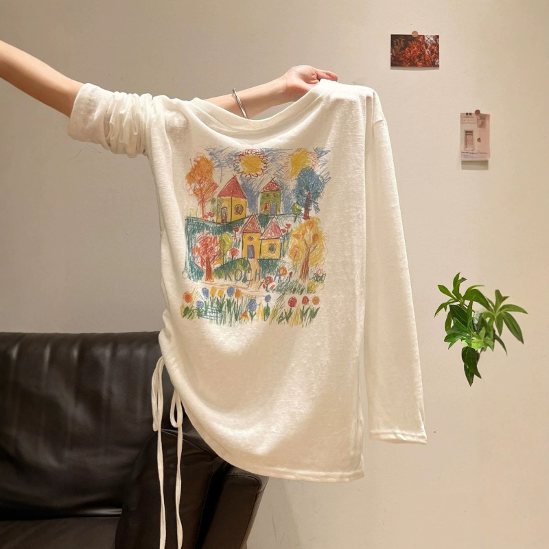 Xia Zhen Pleated One-Shoulder Off-Shoulder Thin Sun-Protective Cover-Up for Women, Summer 2026 New Graffiti Print Loose Semi-Sheer Top