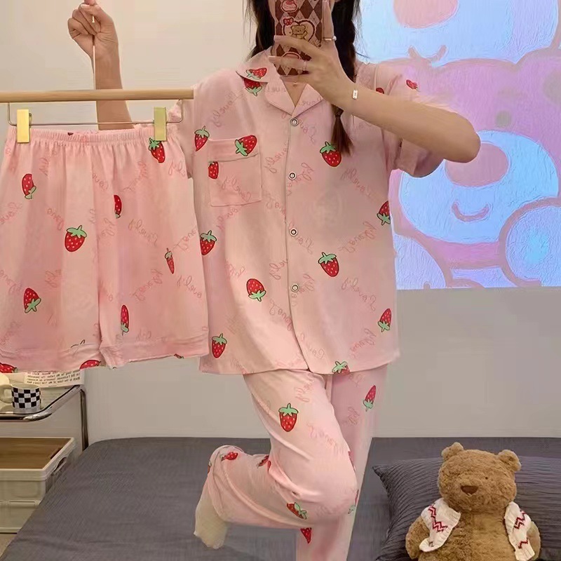 Pijamas de verano de las mujeres delgados pantalones de manga corta cardigan conjunto de tres piezas popular en línea nuevo traje de desgaste de casa de verano