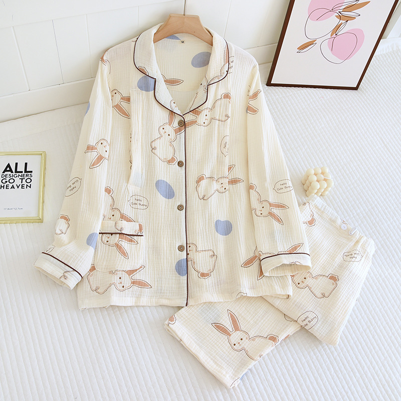 Summer Postpartum Thin Spring and Autumn Pure Cotton Gauze Lapel Plus Size Cotton Linen Breast-feeding Pregnant Women's Pajamas