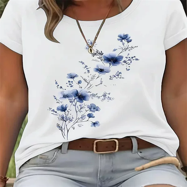 Cross-Border In-Stock Women's Summer T-Shirt with Print, Fashionable Casual Cute Short-Sleeve Women's Round-Neck Printed Short-Sleeve T-Shirt
