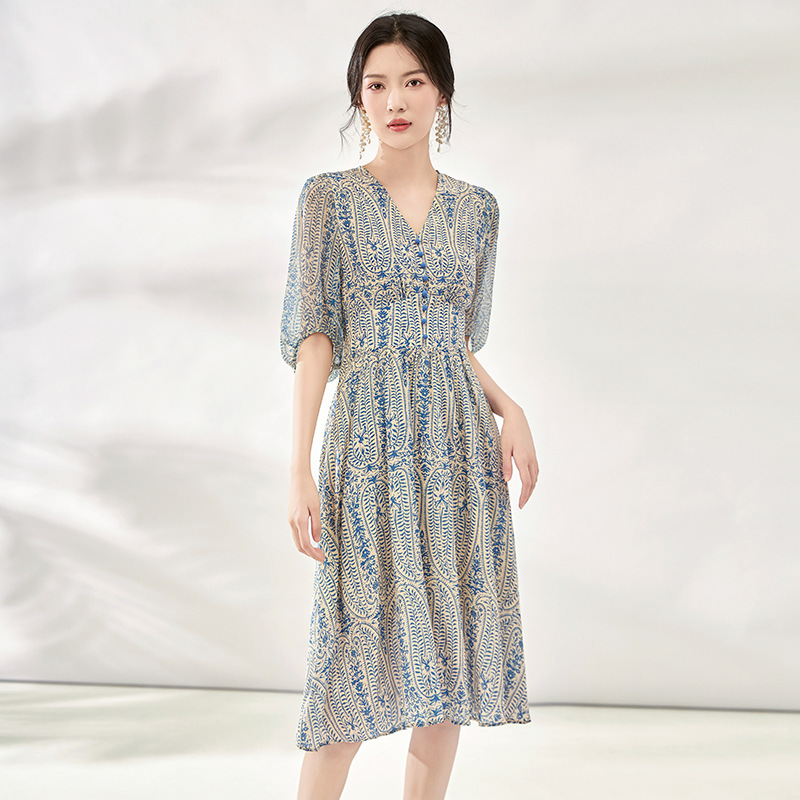 Đầm maxi lụa tơ tằm thắt eo mùa xuân hè — 2414207 - Màu xanh da trời chi tiết 5