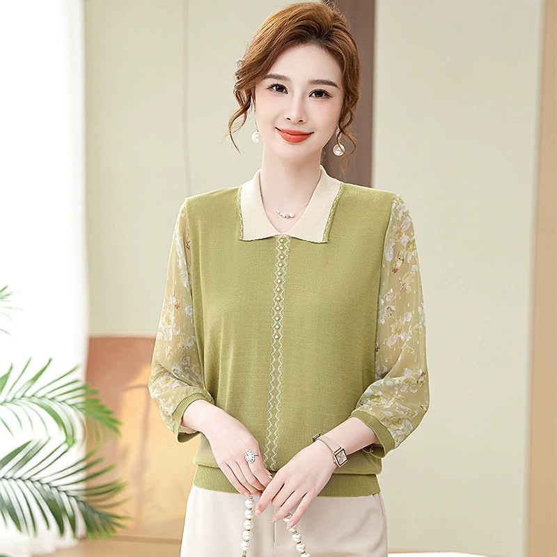 Весенняя одежда с лацканами Новая подходящая по цвету пряжа с рукавами для мам среднего и пожилого возраста Весна и осень Новая вязаная футболка-топ свободная одежда для мамы