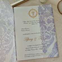 紫色复古花纹半透明印刷硫酸纸请柬套 激凸烫金A4婚礼证书外壳