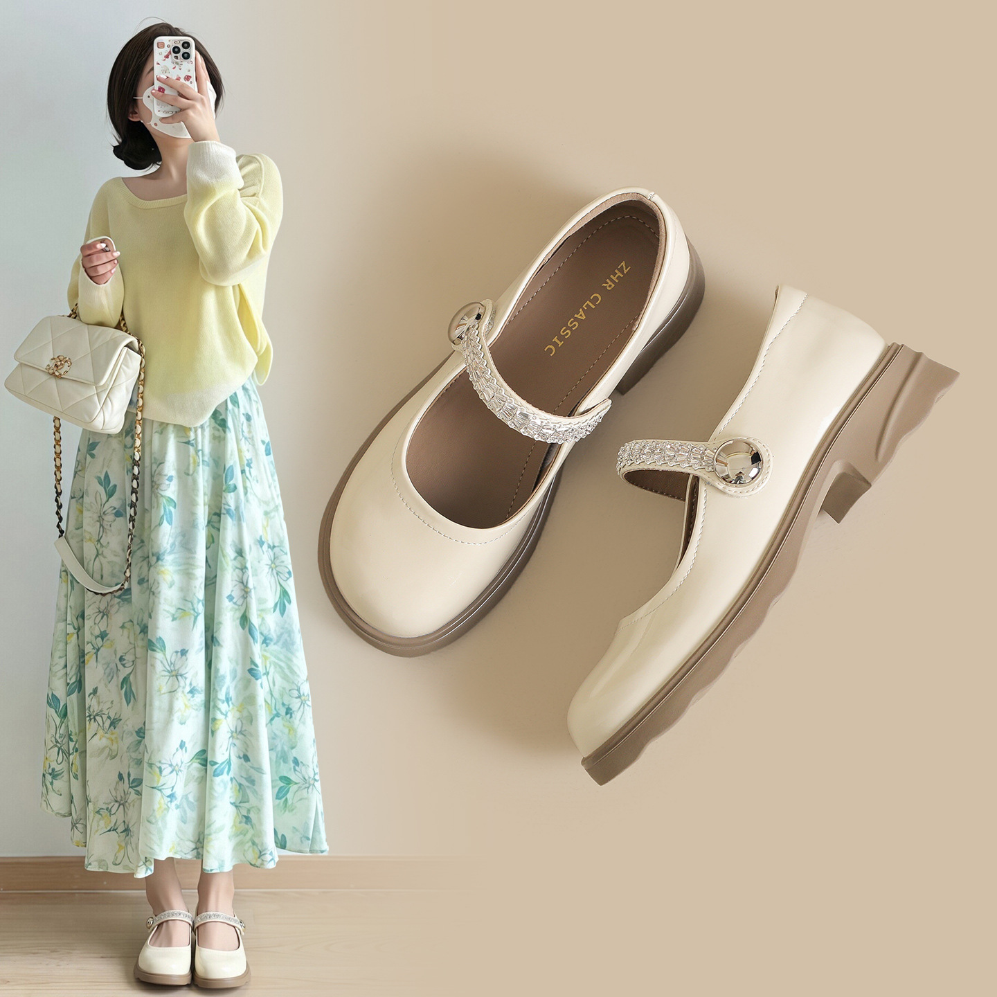Giày Mary Jane nữ đế dày quai ngang phong cách Pháp — AW181 Màu be