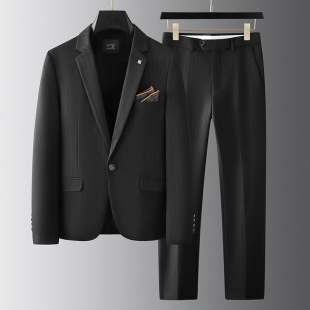 Men's Two-Piece Suit Business Casual Formal Wear No-Iron Texture Slim Suit Suit Men's Striped Dress Large Size