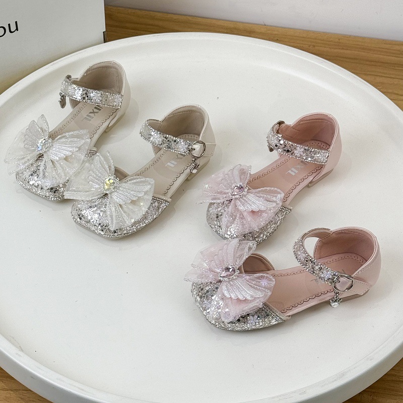 批发2025春夏季蝴蝶结女童公主鞋儿童软底洋气珍珠水晶单鞋半凉鞋